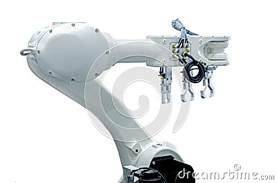 Robotic arm machine, Industry 4.0 Robot concept .The robot arm is working smartly in the production department on white background Stock Photo