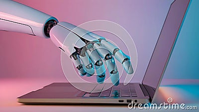 A white robotic hand with visible internal mechanisms types on a laptop keyboard. The background features a gradient of pink and Stock Photo