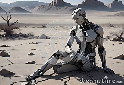 White Robotic Humanoid Kneeling on a Barren Landscape with Scattered Debris Under Cloudy Skies, Generative AI Stock Photo