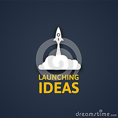 White rocket and cloud, icon in flat style isolated on dark background, vector illustration Vector Illustration