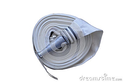 White rolled up fire extinguishing hose with coupling and nozzle Stock Photo