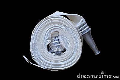 White rolled up fire extinguishing hose with coupling and nozzle, isolated Stock Photo