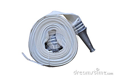 White rolled up fire extinguishing hose with coupling and nozzle Stock Photo