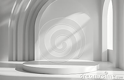 White Room With Arched Windows and White Pedestal Stock Photo