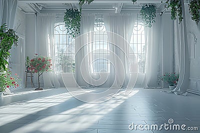 White room with sunlight, wood floors, and lots of windows and curtains Stock Photo