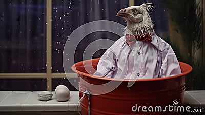 Surreal Fashion Photography: Rooster In Red Bucket With Tie Stock Photo