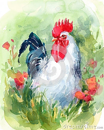 White Rooster Farm Bird surrounded by flowers Watercolor Illustration Hand Painted Cartoon Illustration