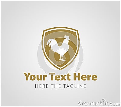 White rooster on a golden shield. Ready logo Vector Illustration