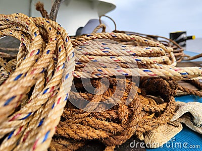 white rope with a binding fiber that binds on the boat 21 Stock Photo