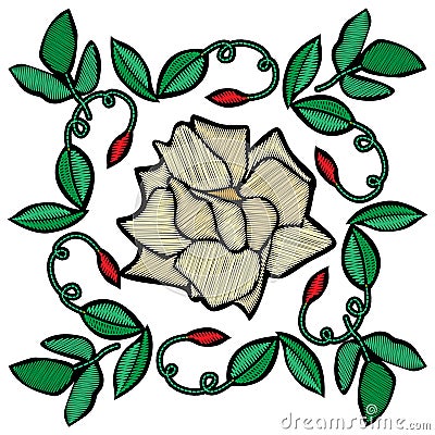 White rose embroidery on a white background and black substrate. Vector Illustration