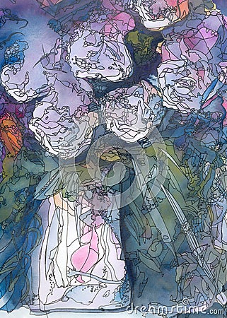 White roses abstract watercolor and ink painting Stock Photo