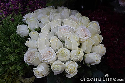 White Roses Background. Variety of white roses in beautiful bouquet. Bridal bouquet of white rose in bright colors in flower shop Stock Photo