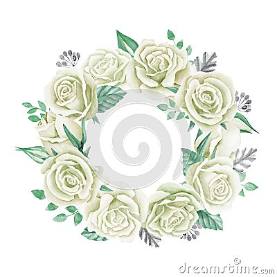 White roses bouquet. Watercolor illustration. Cute vintage style wreath, border, frame. Stock Photo