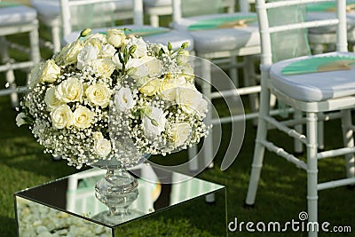 White rose flowers bouquet decoration setup on wedding ceremony Stock Photo