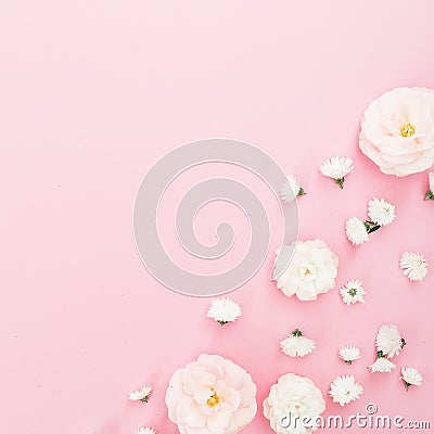 White roses flowers arrangement on pink background. Flat lay, top view. Floral background. Stock Photo