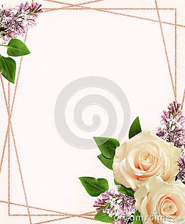 White roses and lilac flowers in festive arrangements with frame Stock Photo