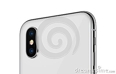White rotated smartphone similar to iPhone X back side close up with camera module isolated on white background Stock Photo