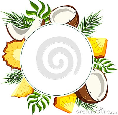 White round background with pineapple and coconut. Vector Illustration