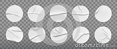 White round crumpled sticker mock up set. Adhesive white paper or plastic sticker label with glued, wrinkled effect on Vector Illustration