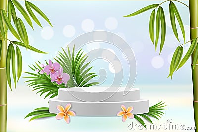 Display podium, exotic flowers, bamboo, palm tree leaves, vector illustration. Floral background for product advertising Vector Illustration