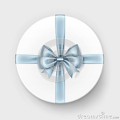 White Round Gift Box with Light Blue Bow Vector Illustration