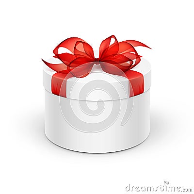 White Round Gift Box with Red Ribbon and Bow Vector Illustration