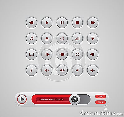 White round media player buttons and audio player Vector Illustration