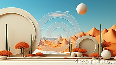 A white round objects with orange flowers in the desert Stock Photo