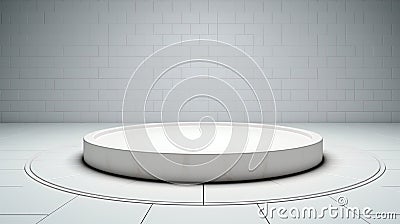 A white round podium with vacant space over a white mosaic tile background creates a minimalist scene Stock Photo