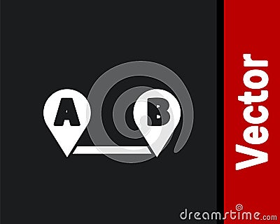 White Route location icon isolated on black background. Map pointer sign. Concept of path or road. GPS navigator. Vector Vector Illustration