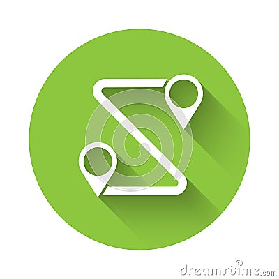 White Route location icon isolated with long shadow. Map pointer sign. Concept of path or road. GPS navigator. Green Vector Illustration