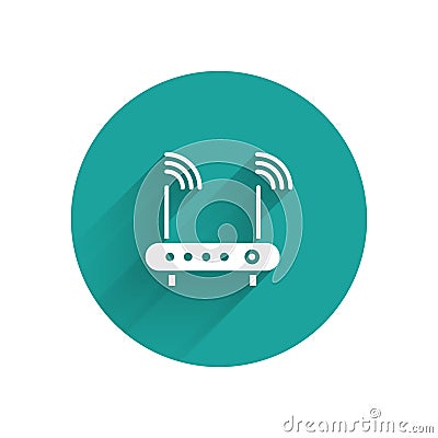 White Router and wi-fi signal symbol icon isolated with long shadow. Wireless ethernet modem router. Computer technology Vector Illustration