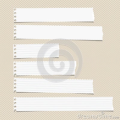 White ruled horizontal torn note, notebook, copybook paper sheets stuck on brown squared pattern Stock Photo