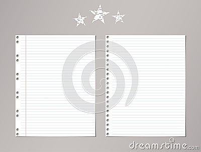 White ruled, striped notebook, copybook paper sheets and stars on gray background. Vector Illustration