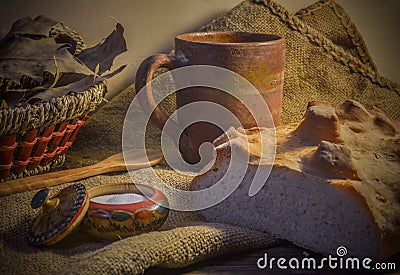 White rural bread on a wooden table Stock Photo