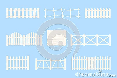 White rural fences. Rustic fence with wicket, garden picket or house protection timber wood material, wooden railing Vector Illustration