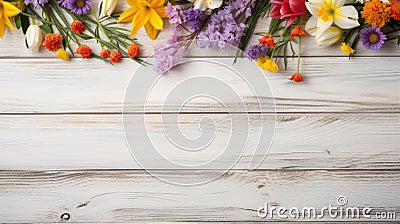 white rustic wooden texture table top view with blossoming spring flowers, with copy space Stock Photo