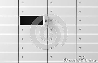 White safe deposit boxes in a bank, one box is open. A concept of storing of important documents or valuables in a safe and secure Stock Photo