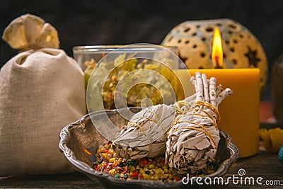 White sage and colorful incense Stock Photo