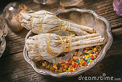 White sage and colorful incense Stock Photo