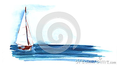 White sailboat with a triangular sail blue sea. Hand-drawn watercolor sketch illustration Cartoon Illustration