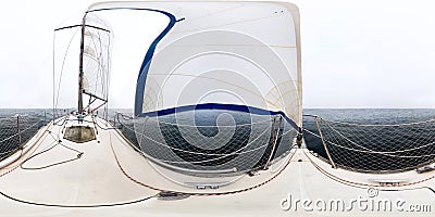 White sailing yacht sailing, view from the mast close to the sail. Spherical panorama 360vr Stock Photo