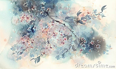 White sakura flower blossom on a dark background watercolor. Stock Photo