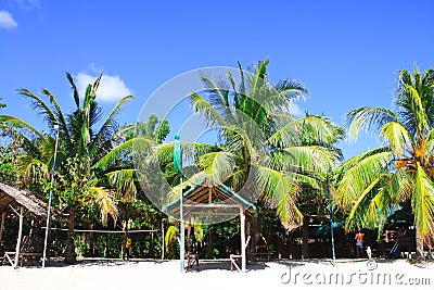 White sand beach against clear blue sky with tall palm coconut trees and beach huts Stock Photo