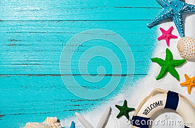White sand and sea shells and starfishes and buoy and seahorse Stock Photo