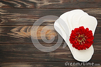 White sanitary pad, hygiene protection on a brown background. Gynecological menstrual cycle. A rose flower lies on a menstrual pad Stock Photo