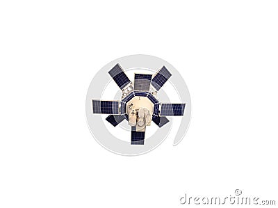 White satellite with blue solar panels isolated on white background. Cosmonautics Day illustration Stock Photo