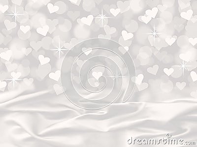 White satin and heart bokeh valentine's day card background with sparkles Stock Photo