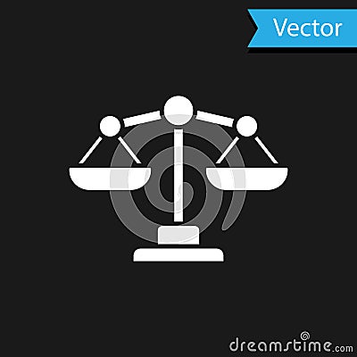 White Scales of justice icon isolated on black background. Court of law symbol. Balance scale sign. Vector. Vector Illustration