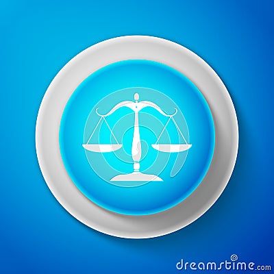 White Scales of justice icon isolated on blue background. Court of law symbol. Balance scale sign. Circle blue button Vector Illustration